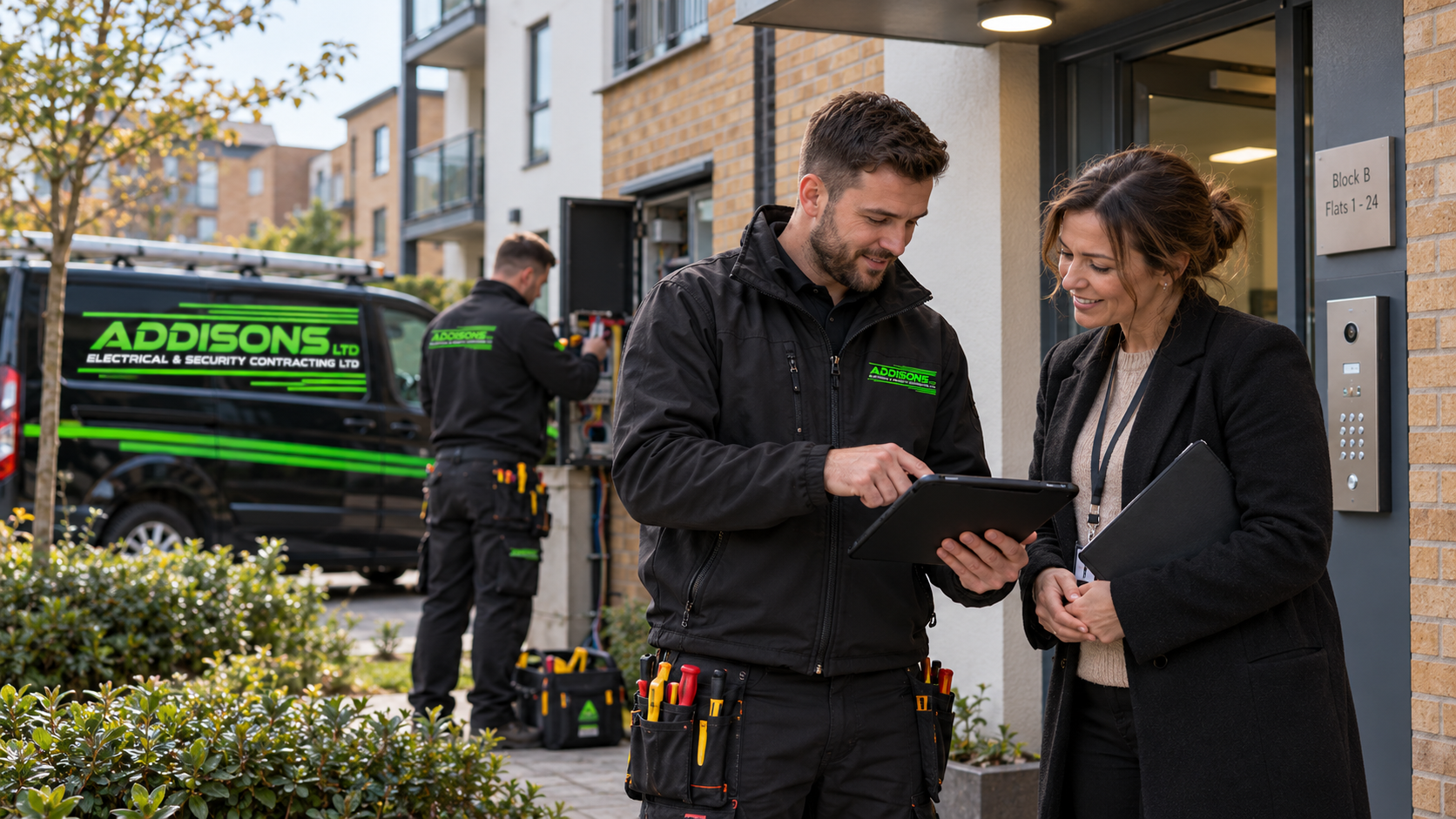 Addisons-branded electricians outside an apartment block