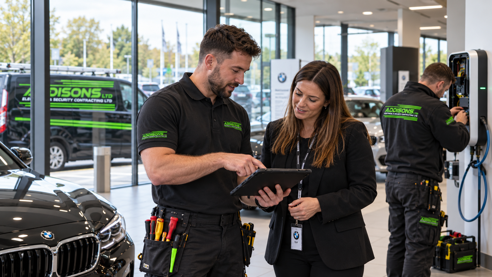 Addisons-branded electricians reviewing work in a vehicle showroom